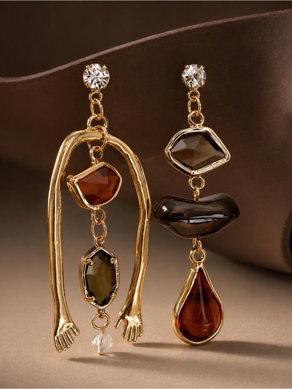Gold-Tone Asymmetrical Brown Gem Drop Earrings - Picture 1 of 3